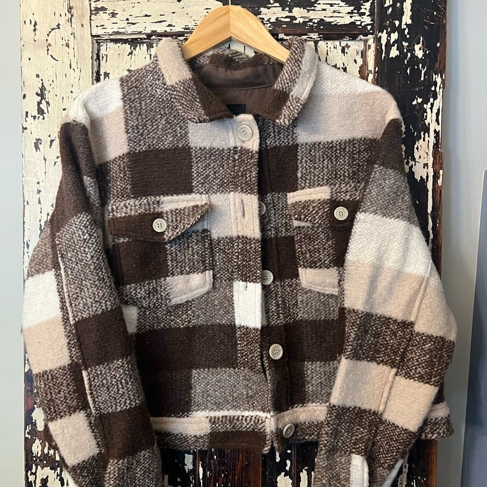HOUSE OF HARLOW 1960 wool blend teddy fleece cropped flannel shirt jacket Large